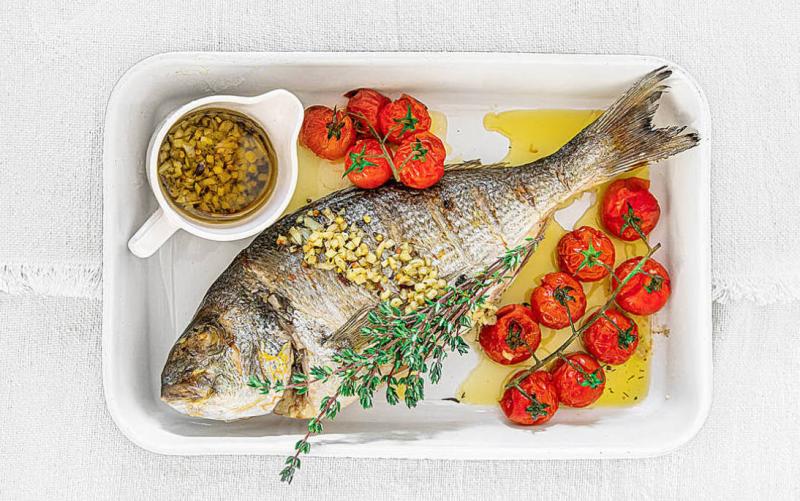  Sea Bream, Olive Oil,  Herbs & Cherry Tomatoes under the Grill